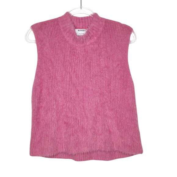OLD NAVY Eyelash Vest Fuzzy Knit Cotton Blend High Neck Rose Cloud Womens Sz L - Picture 6 of 6